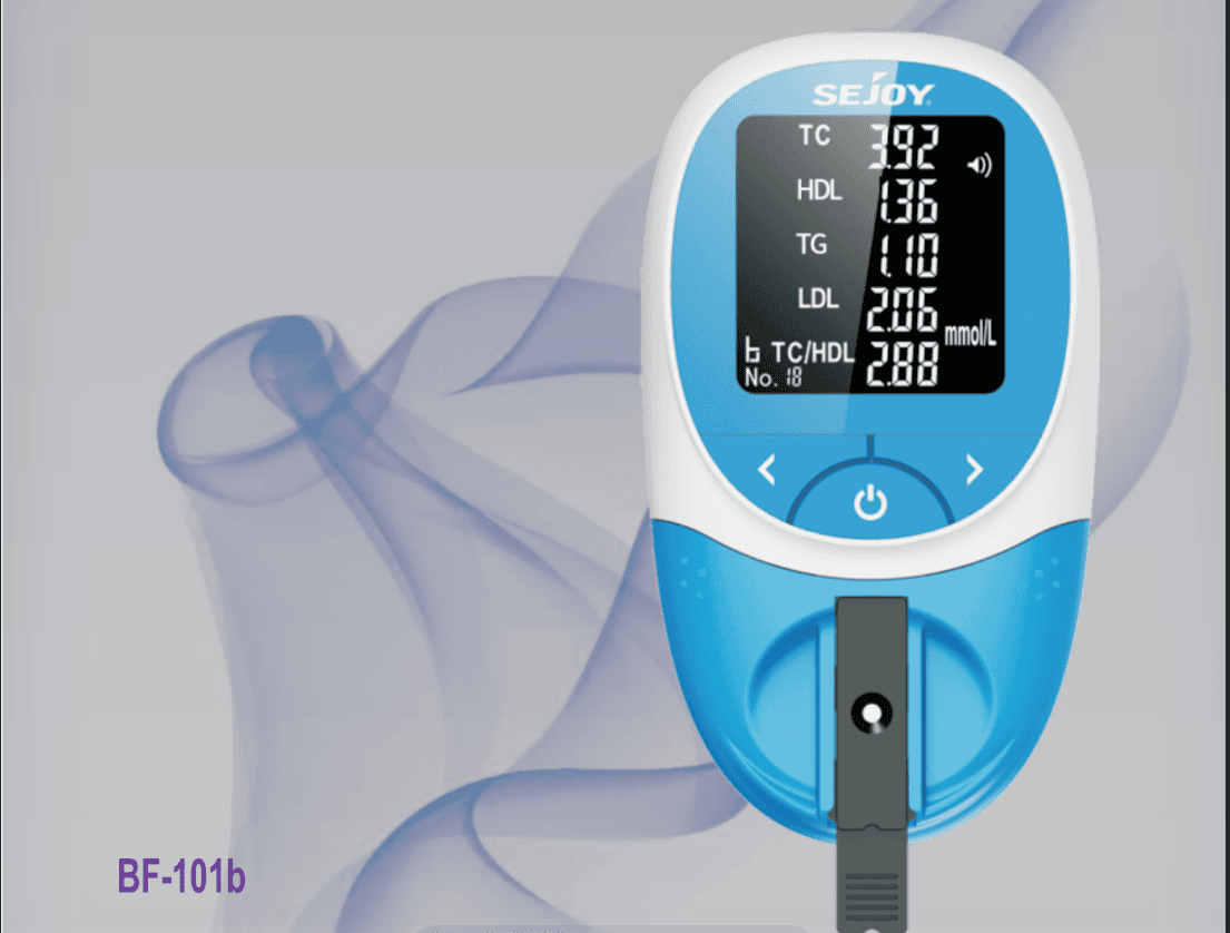 Sejoy BF-101b lipid meter showing TC, HDL, TG, LDL and TC/HDL readings